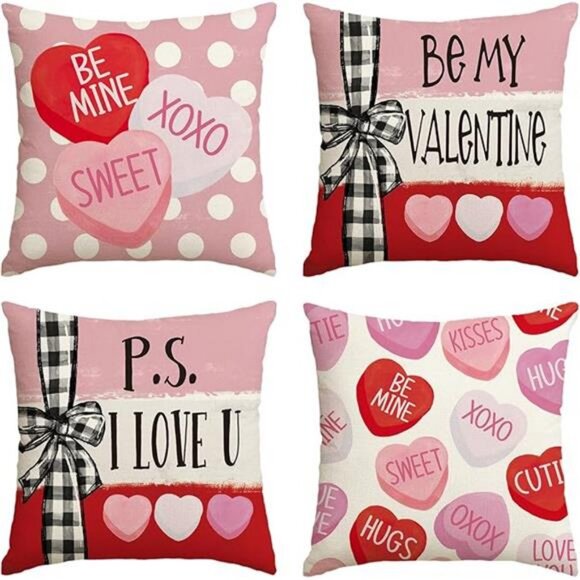 Lovely Be My Valentine Red Candy Heart Throw 4 Pillow Covers, 18 x 18 - Picture 7 of 7